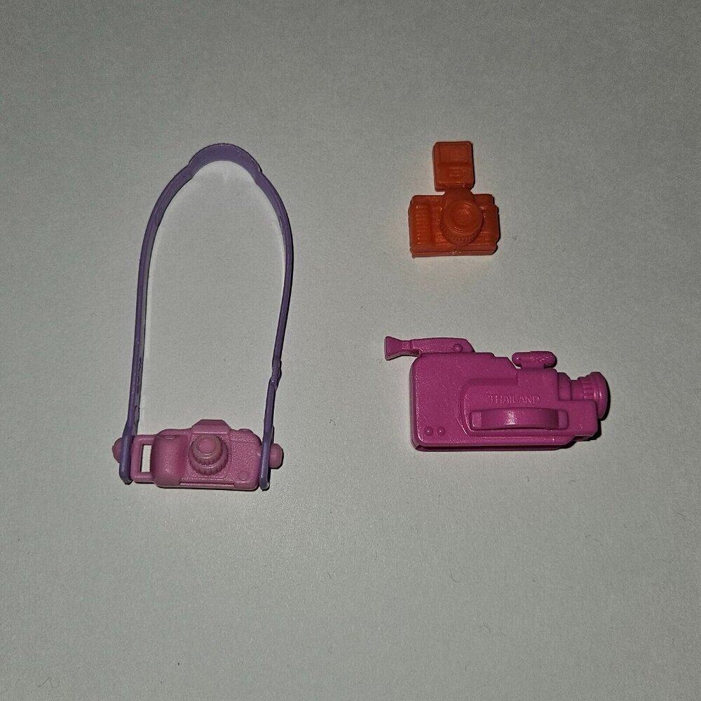 3 Barbie Doll Size Camera Lot Video Camera Camcorder Pink Purple Orange Mattel